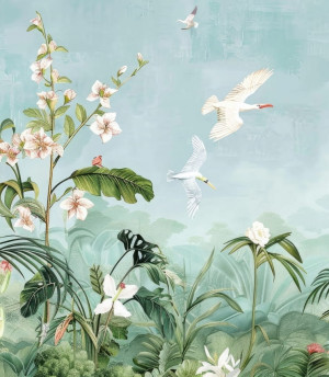 Próbka tapety tropical plants and white birds