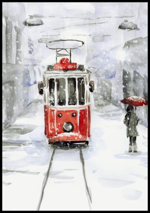 Plakat śnieg i stary tramwaj