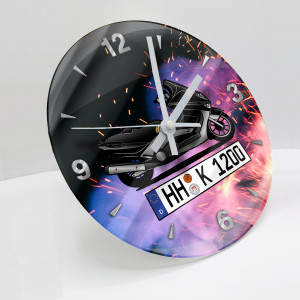 Personalisierte Wanduhr mit deinem Motorrad u. Kennzeichen in Größe L mit Feuer Hintergrund
