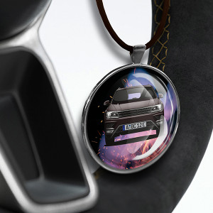 Personalisierter Spiegelanhänger Rund-S Leder mit deinem Auto u. Kennzeichen mit Feuer Hintergrund. - auto4style