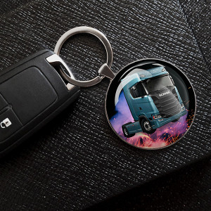 Personalisierter Schlüsselanhänger Rund mit deinem LKW u. Kennzeichen in fire Design, S
