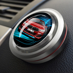 Individuelle Autoduftdose Chrom-M mit deinem Auto u. Kennzeichen mit Blauer Staub Hintergrund. - auto4style
