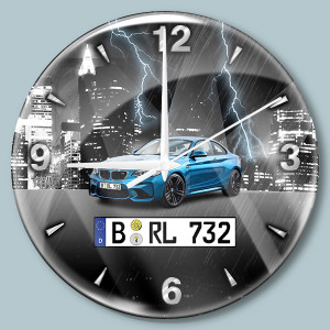 Persönliche Wanduhr Bedruckt-L mit deinem Automodell und Kennzeichen mit Dunkle Stadt Hintergrund! Wanduhr Auto personalisiert Autouhr Kfz Automotiv