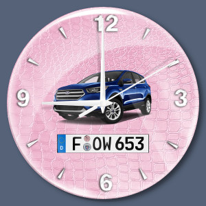 Persönliche Wanduhr Bedruckt-L mit deinem Automodell und Kennzeichen mit Rosa Schlangenleder Hintergrund! Wanduhr Auto personalisiert Autouhr