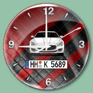 Persönliche Wanduhr Bedruckt-L mit deinem Automodell und Kennzeichen mit Rot-schwarze Kacheln Hintergrund! Wanduhr Auto personalisiert Autouhr