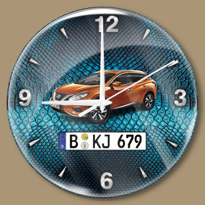 Persönliche Wanduhr Bedruckt-M mit deinem Automodell und Kennzeichen mit Blaues Schlangenleder Hintergrund! Wanduhr Auto personalisiert Autouhr