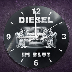 Wanduhr Bedruckt mit deinem Auto u. Autospruch Diesel im Blut und Kennzeichen! Wanduhr Auto personalisiert Autouhr Kfz Automotiv - auto4style