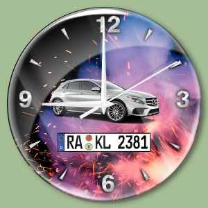 Persönliche Wanduhr Bedruckt-M mit deinem Automodell und Kennzeichen mit Feuer Hintergrund! Wanduhr Auto personalisiert Autouhr Kfz Automotiv
