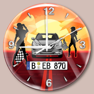 Persönliche Wanduhr Bedruckt-M mit deinem Automodell und Kennzeichen mit Frauen mit Flaggen Hintergrund! Wanduhr Auto personalisiert Autouhr