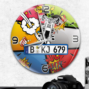 Wanduhr Bedruckt-L Comic-5 mit deinem Automodell und Kennzeichen! Wanduhr Auto personalisiert Autouhr Kfz Automotiv - auto4style