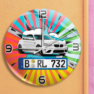 Wanduhr Bedruckt-L Comic-7 mit deinem Automodell und Kennzeichen! Wanduhr Auto personalisiert Autouhr Kfz Automotiv - auto4style