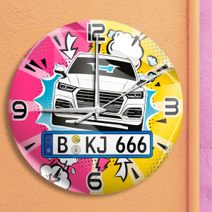 Wanduhr Bedruckt-L Comic-8 mit deinem Automodell und Kennzeichen! Wanduhr Auto personalisiert Autouhr Kfz Automotiv - auto4style
