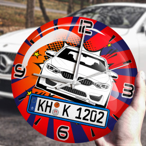 Wanduhr Bedruckt-L Comic-9 mit deinem Automodell und Kennzeichen! Wanduhr Auto personalisiert Autouhr Kfz Automotiv - auto4style