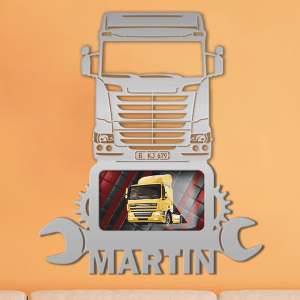 Personalisierter Auto Bilderrahmen L mit deinem LKW u. Kennzeichen in vielen Designs, chrome, wrench