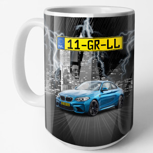 Gepersonaliseerde mok - M donkere stad met jouw automodel en kenteken! Probeer nu de preview!
