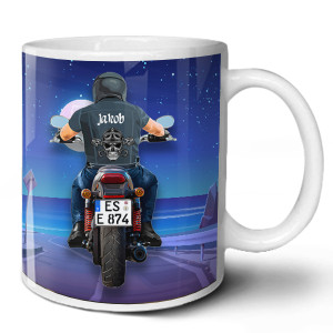Individuelle Biker Tasse mit Namen u. Kennzeichen | Personalisierte Geschenkidee für Motorradliebhaber mit Totenkopf-Motiv, ideal für Motorrad-Fans!