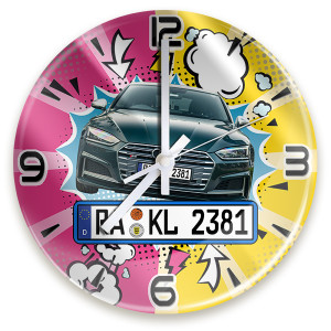 Personalisierte Auto Wanduhr: mit deinem Kennzeichen u. Automodell versehen. Zwei Designs u. Größen. Wanduhr Glas, geräuschlose Wanduhr als Geschenk
