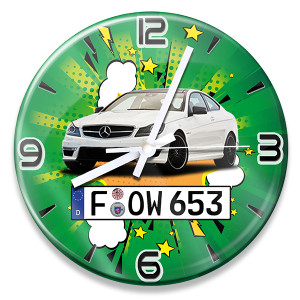 Wanduhr Wohnzimmer individuell angefertigt: mit Foto bzw. Automodell, Kennzeichen bzw. eigenem Text. Bei auto4style Uhr Zifferblatt personalisieren