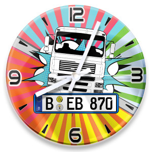 Individuelle Wanduhr modern für Comic Fans u. Autofans! Wanduhr mit Kennzeichen u. Auto personalisiert: Herrenuhren, Designer Wanduhren auto4style