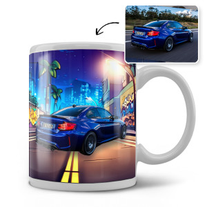 Personalisierte Autotasse – Tasse mit Foto und Kennzeichen & Auto auf Graffiti-Hintergrund – Perfektes Geschenk für Autofans – Kaufen jetzt!