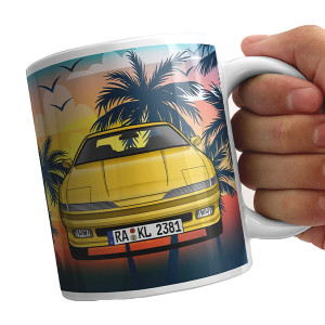 Personalisierte Autotasse mit Foto – Dein Auto mit Kennzeichen im Palmen-Design – Originelles Geschenk für Männer und Autofans (330 ml)! - auto4style