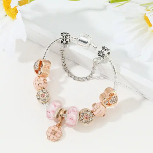 Bransoletka modułowa z różowym kwiatuszkiem