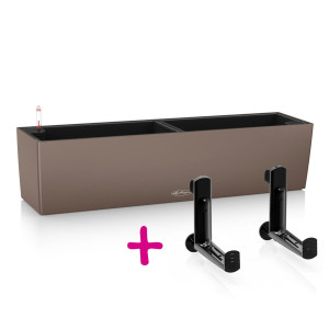 Set of Nutmeg LECHUZA BALCONERA Color 80 Poly Resin Window Box Self Watering Planter L80 W19 H19 cm, 12 litres Cap + Black Balcony Brackets
