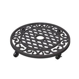 Heavy Weight Cast Iron Lattice & Scroll Plant Caddy on Wheels, D43 cm
