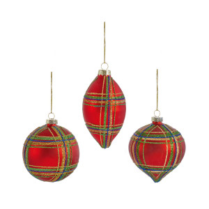 Christmas Tree Decor Baubles Tartan, Set of 3, Red, D8 cm H11 cm by Premier Decorations