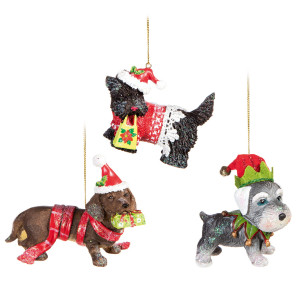 Christmas Tree Decor Home Resin Dog Ornaments, Set of 3, in Black, Brown, Grey Colours, L6 cm by Premier Decorations