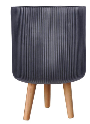 Ribbed Black Cylinder Planter on Legs, Round Pot Plant Stand Indoor by Idealist Lite D25.5 H36 cm, 10.4L