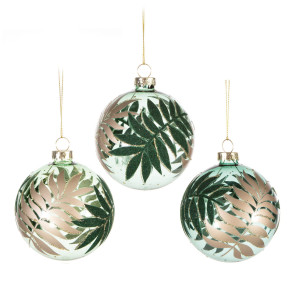 Christmas Tree Decor Baubles Glass Balls with Tropical Leaf Pattern, Set of 3, Green, D8 cm by Premier Decorations