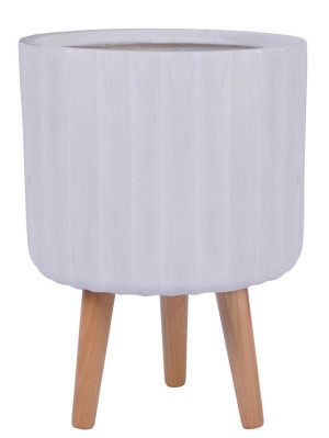 Modern Ribbed White Cylinder Planter on Legs, Round Pot Plant Stand Indoor by Idealist Lite D24 H32 cm, 7.6L