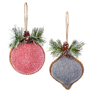 Christmas Tree Decor Baubles Herringbone Ball and Onion Shape Ornaments, Set of 2, in Red, Grey Colours, H12 cm by Premier Decorations