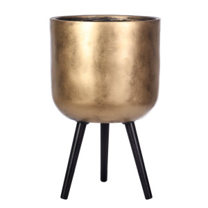Concrete Effect Gold Round Planter with Legs, Round Indoor Plant Pot Stand for Indoor Plants by Idealist Lite D37 H61 cm, 32L