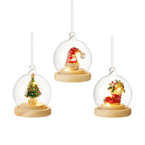 Christmas Tree Decor Baubles Lit Glass Balls (Tree, Stocking, Hat) on Wood Stand with Metal Chain, Set of 3, Clear, D8 cm by Premier Decorations