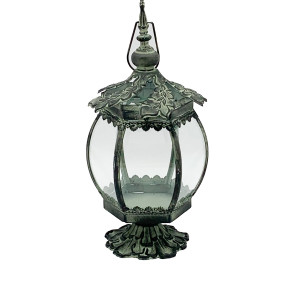Round Metal Leaf Pattern Garden Dark Silver Lantern by Minster, H42 cm