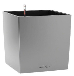 LECHUZA CUBE 50 Silver Poly Resin Floor Self-watering Planter with Substrate and Water Level Indicator H50 L50 W50 cm, 125L