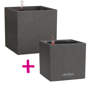Set of two LECHUZA CANTO Stone Graphite Black Planters: L14 W14 H14cm, 1.4 litres Cap + L30 W30 H30 cm, 12 litres Cap