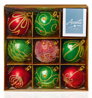 Christmas Tree Decor Baubles Decorated Balls, Set of 9, in Green, Red Colours, D6 cm by Premier Decorations