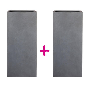 Set of two IDEALIST Lite Tall Square Faux Lead Dark Grey Light Concrete Planters: L21 W21 H50 cm, 22 litres Cap + L21 W21 H50 cm, 22 litres Cap