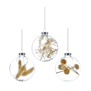 Christmas Tree Decor Baubles Clear Glass Balls with Dried Flowers, Set of 3, Brown, D8 cm by Premier Decorations