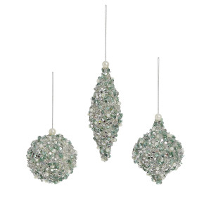Christmas Tree Decor Baubles Glitter Pearl Sequin Ornaments, Set of 3, Grey, D8 cm H16 cm by Premier Decorations