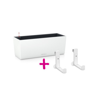 Set of White LECHUZA BALCONERA Color 50 Poly Resin Window Box Self Watering Planter L50 W19 H19 cm, 8 litres Cap + White Balcony Brackets