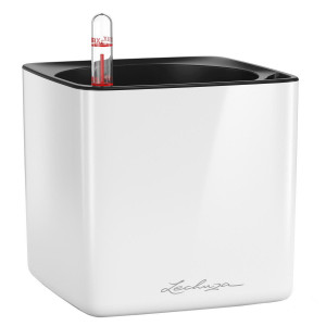 LECHUZA CUBE Glossy 16 Cream White HighGloss Poly Resin Table Self-watering Planter with Water Level Indicator H16 L17 W17 cm, 1.4L