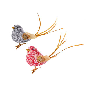 Christmas Tree Decor Herringbone Fabric Bird, Set of 2, in Red, Grey Colours, L20 cm by Premier Decorations