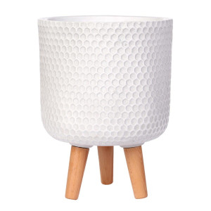 Honeycomb Style White Cylinder Planter on Legs, Round Pot Plant Stand Indoor by Idealist Lite D25 H34 cm, 9.1L
