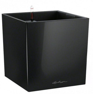 LECHUZA CUBE 30 Black High-gloss Poly Resin Floor Self-watering Planter with Substrate and Water Level Indicator H30 L30 W30 cm, 27L