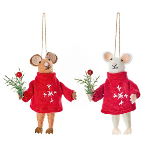 Christmas Tree Decor Wool Mouse with Knit Jumper, Set of 2, Red, H13 cm by Premier Decorations