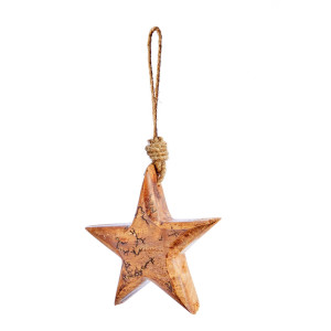 Christmas Tree Decor Mango Wood Crackle Hanging Star, Brown, H10 cm by Premier Decorations